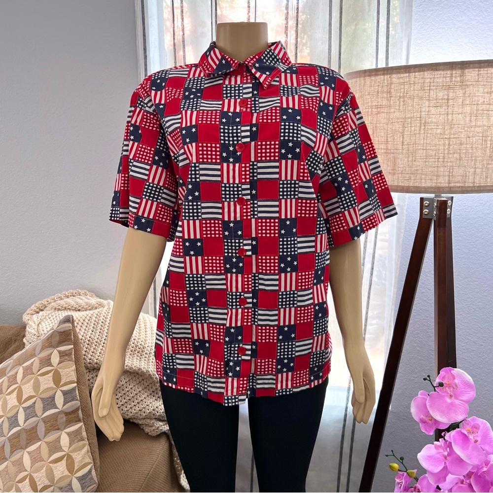 Ms. Lee Red Cotton Short Sleeve Top Button Up Casual Patriotic Shirt Size 2X